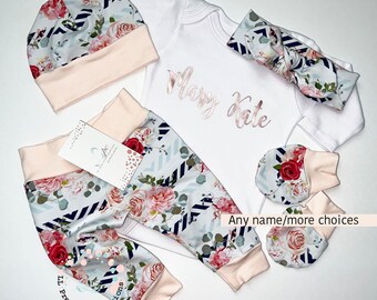 Personalized Baby Girl Coming Home Outfit Floral Outfit Pink Blush Floral Euro Print Rose Gold Baby Shower Gift