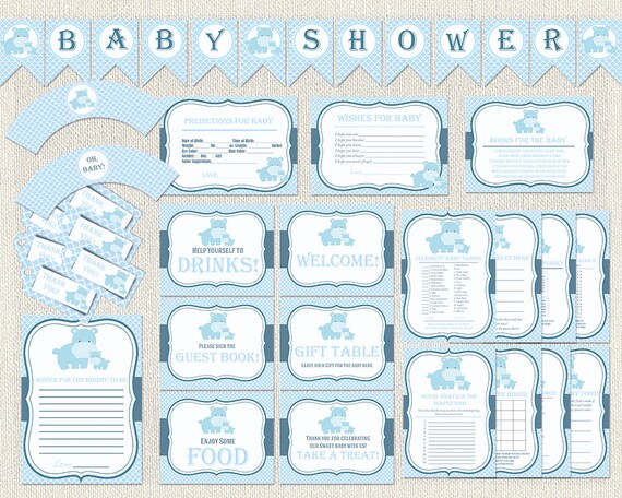 Baby Shower Package Blue Navy Hippo Boy Boys Decoration Games
