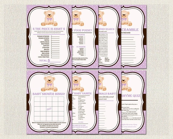Teddy Bear Theme Purple Baby Shower Games Kit Printable Package Teddy Bear Theme Purple Baby Shower Games Kit Printable Package