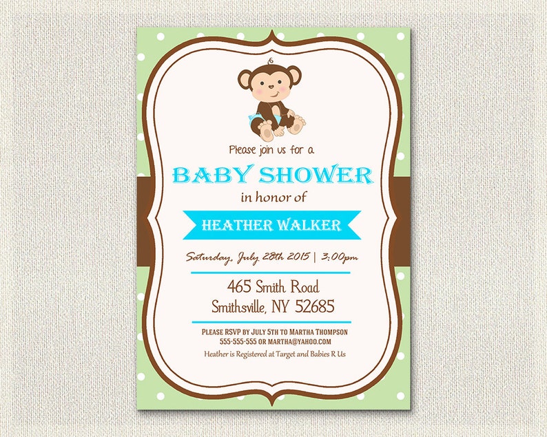 Baby Shower Invitation Monkey Theme Blue Green Brown Baby Etsy