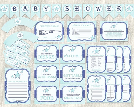 Baby Shower Package Blue Stars Glitter Boy Navy Decoration Games