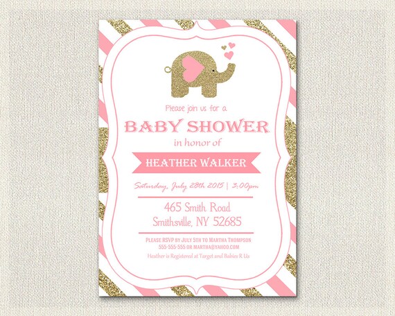 Baby Shower Invitation Pink Gold Glitter Elephant Theme Gender Baby Shower Invitation Pink Gold Glitter Elephant Theme Gender