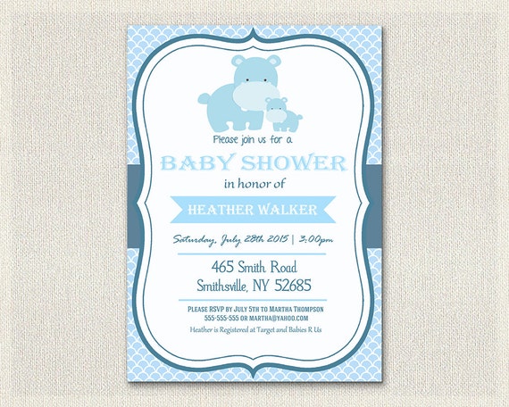 Baby Shower Invitation Blue Hippo Theme Navy Baby Invite Gender Baby Shower Invitation Blue Hippo Theme Navy Baby Invite Gender