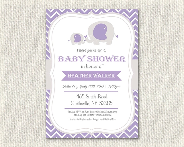 Baby Shower Invitation Purple Elephant Theme Chevron Baby Invite Baby Shower Invitation Purple Elephant Theme Chevron Baby Invite