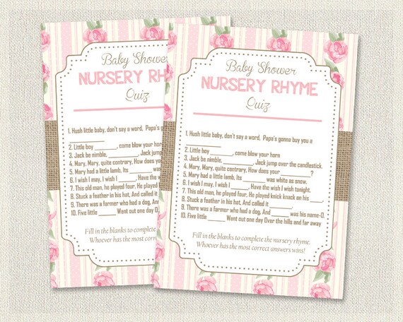 Shabby Chic Baby Shower Nursery Rhyme Quiz Floral Burlap Printable
