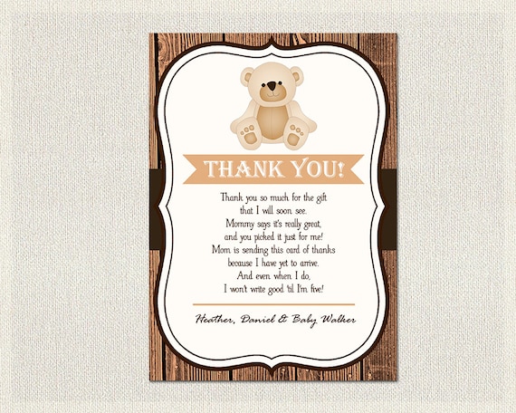 Teddy Bear Baby Shower Thank You Card Teddy Bear Rustic Wood Etsy