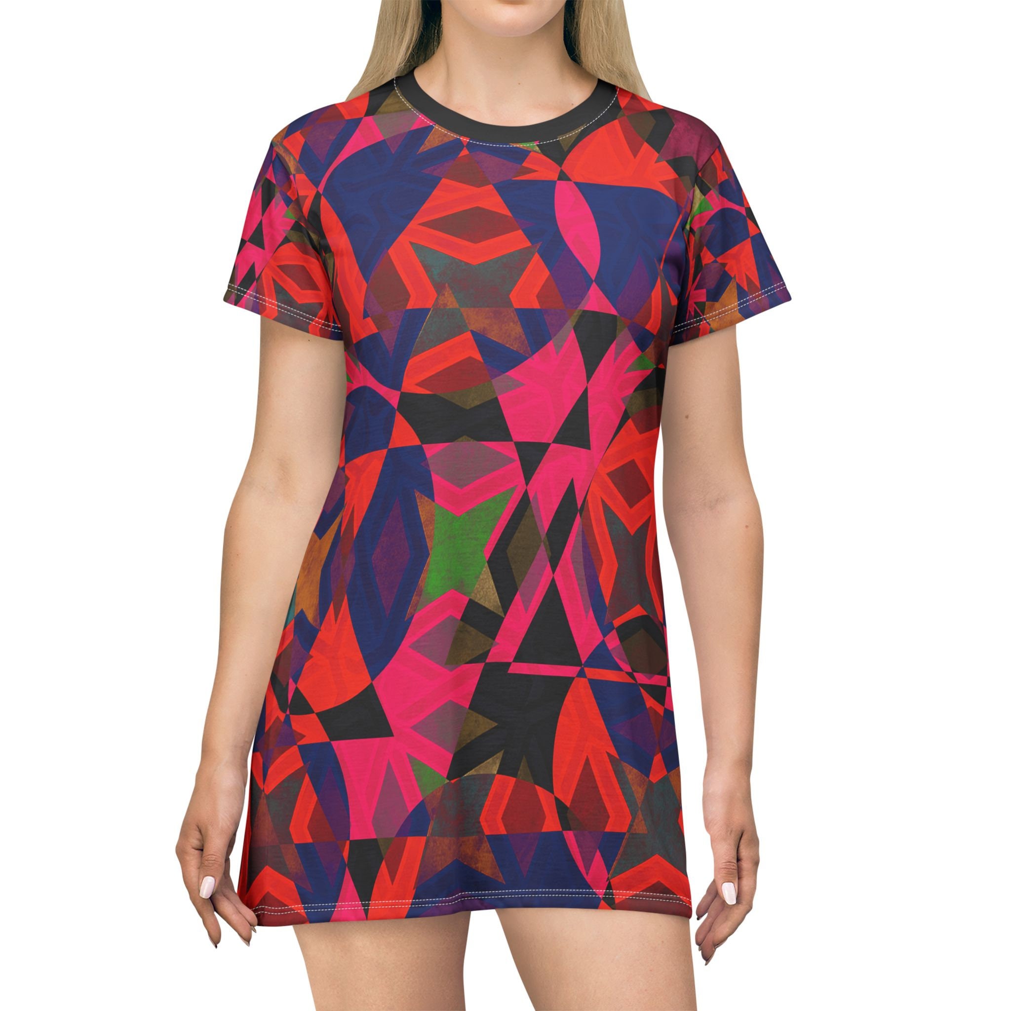 Red Geometric Print T-Shirt Dress, Casual Polyester Clothing