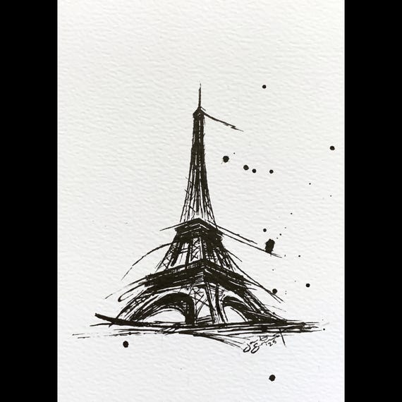 Eiffel Tower - #6 of 10 - 7"x5" - Parallel Pen on Watercolor Paper