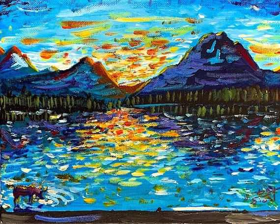 "Untitled - Moose at Sunset" - 8"x10" - Acrylic on Panel - Framed