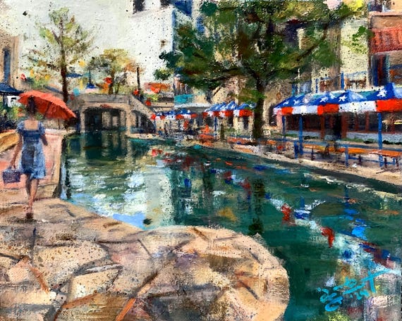 Lone Star Umbrella Girl - San Antonio Riverwalk - 8"x10" - Acrylic on Panel
