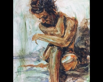 May include: A painting of a person sitting with their head down, painted in shades of brown, green, and white.
