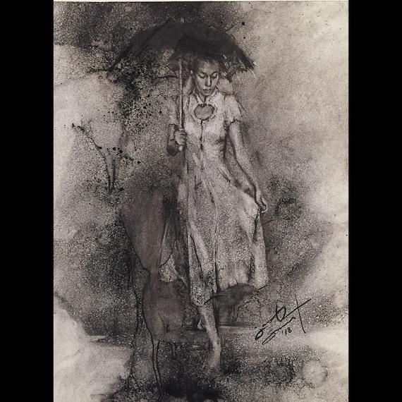 "Just a Moment" - Umbrella Girl - 12"x9", Award-Winning Framed Art Original Charcoal Drawing on Paper by Jacob Secrest