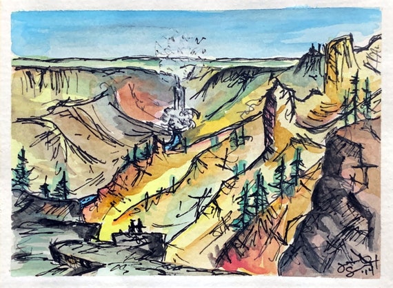 "Yellowstone" - 3.5"x4.5" - Watercolor/Ink on Paper - Framed