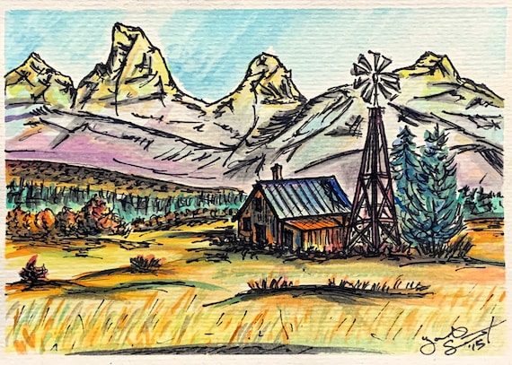 "Barn w/ Windmill" - 5"x7" - Watercolor/Ink on Paper - Framed