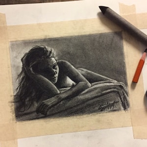Figure Drawing - &quot;Figure Study Laying&quot; - 5&quot;x7&quot;, Art Original Charcoal Drawing, Charcoal on Paper by Jacob Secrest