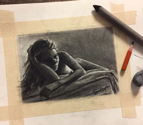 "Figure Study Laying" - 5"x7" - Charcoal on Paper