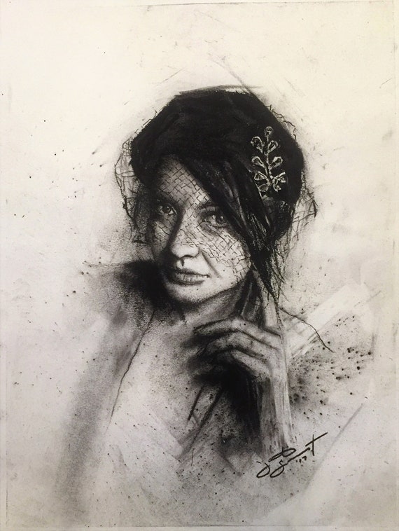 "Black Veil - Danielle" - 11"x8" - Charcoal on Paper - Framed