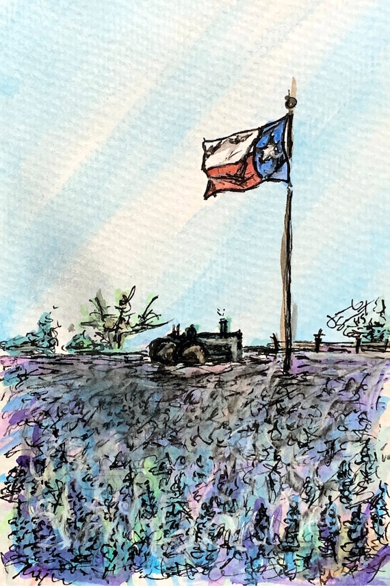 "Texas Flag w/ Bluebonnets" - 6"x4" - Watercolor/Ink on Paper - Framed