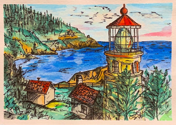 "Oregon Lighthouse" - 5"x7" - Watercolor/Ink on Paper - Framed