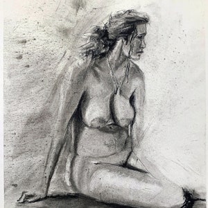 Figure Drawing - &quot;Life Drawing - Seated Figure Study&quot; - 12&quot;x9&quot;, Art Original Charcoal Drawing, Charcoal on Paper by Jacob Secrest