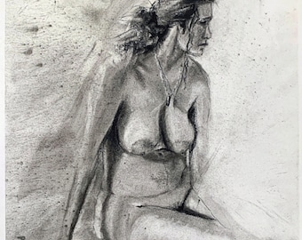 Figure Drawing - "Life Drawing - Seated Figure Study" - 12"x9", Art Original Charcoal Drawing, Charcoal on Paper by Jacob Secrest
