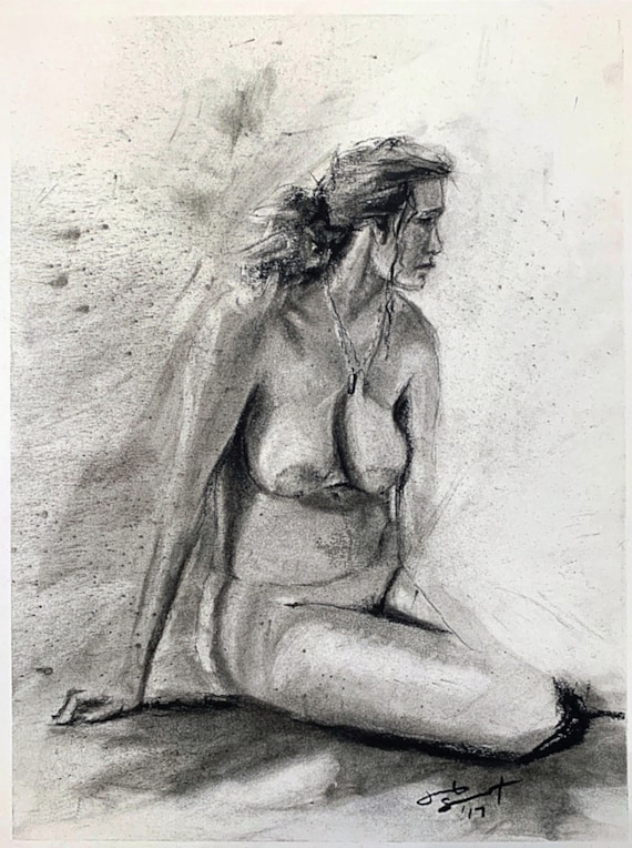 "Life Drawing - Seated Figure Study" - 12"x9" - Charcoal on Paper