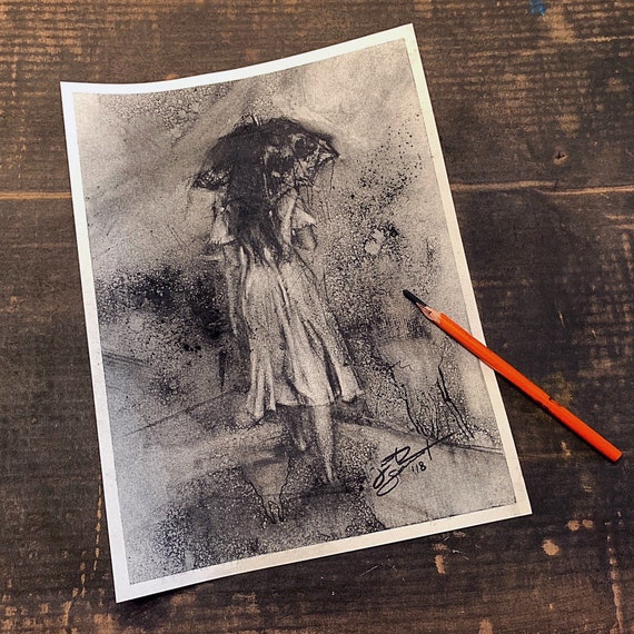 Untitled-Umbrella Girl - 12"x9"- Charcoal on Paper