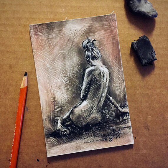 "Seated Figure Study" - 6"x4" - Charcoal & Sanguine on Gesso Painted on Board