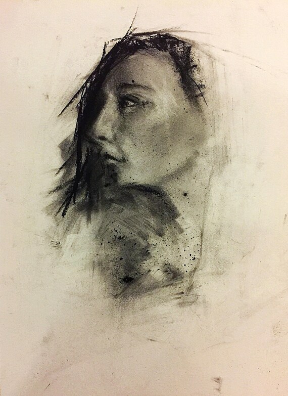 "Untitled - Life Drawing Portrait" - 12"x9" - Framed - Charcoal on Paper