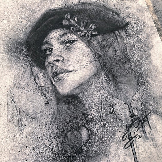 "Black Veil - Shaely" - 12"x9" - Charcoal on Paper