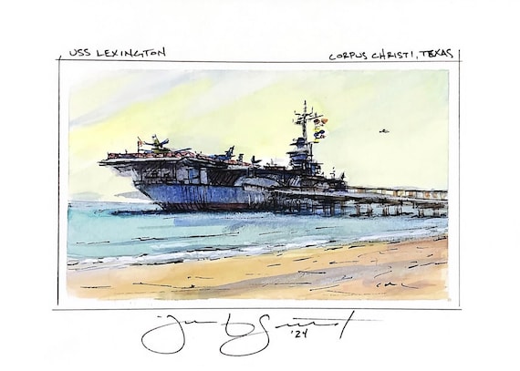 USS Lexington - Corpus Christi, Texas - 3"x5" on 5"x7" - Watercolor & Ink on Illustration Board