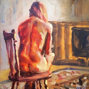 May include: Oil painting of a person seated on a wooden chair, viewed from the back. The figure has reddish-brown hair and skin, with the back and shoulders illuminated. The chair is brown, and the background features a fireplace and a light-colored wall.