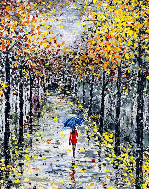 "Autumn Leaves - Umbrella Girl" - 28"x22" - Acrylic on 1 1/2" Gallery Wrapped Canvas