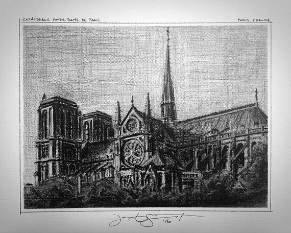 "Cathedrale Notre Dame de Paris - Paris, France"  - 8"x10" - Charcoal on Illustration Board - Framed