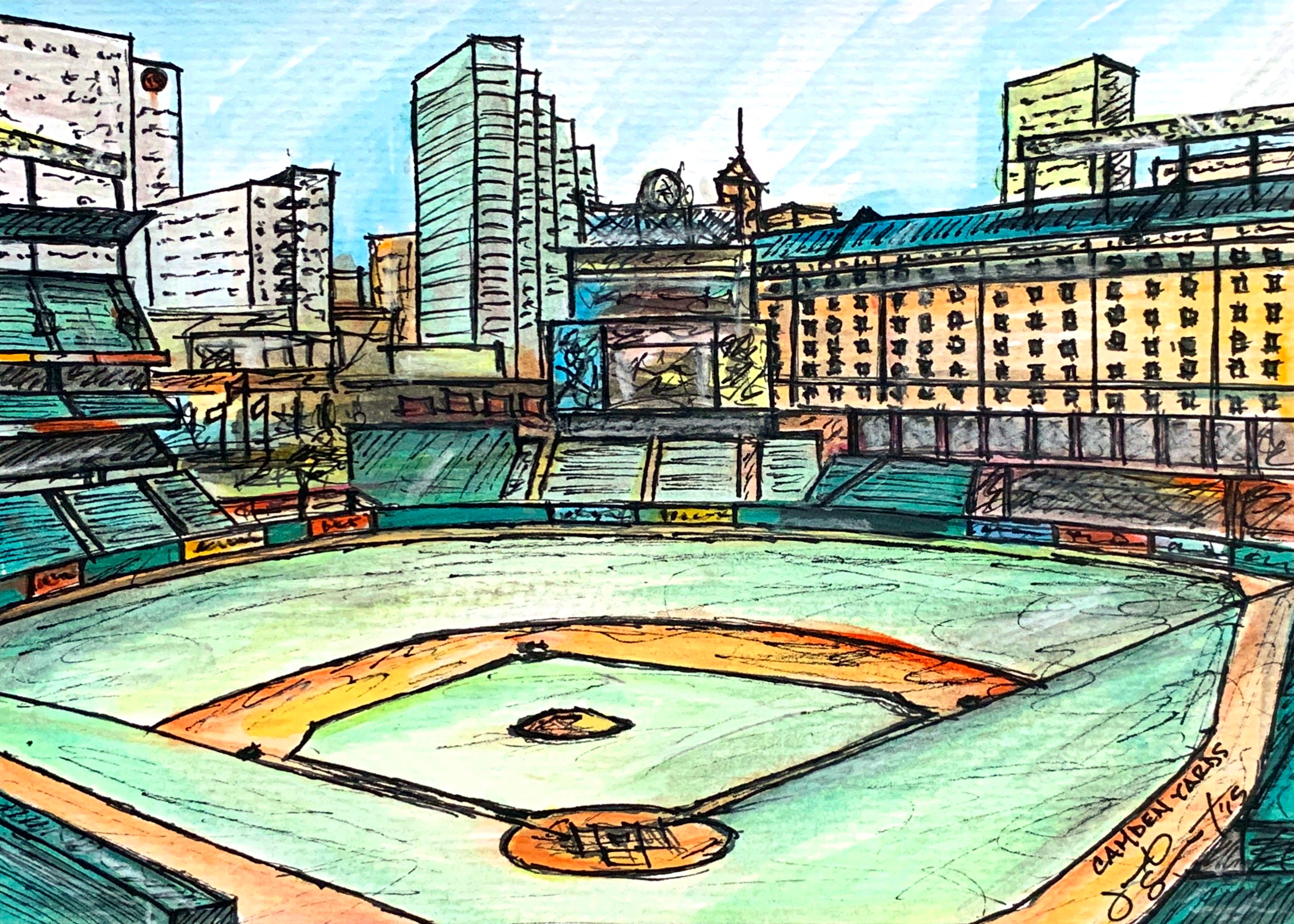 Camden Yards - 5x7 - Watercolor/Ink on Paper - Framed