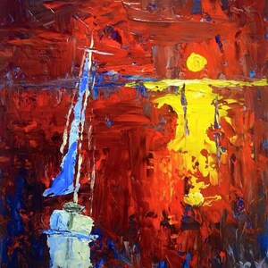 Sailboats - "3 Sailboats" (2015) 14"x11" - Art Original Acrylic Painting, Acrylic & Palette Knife on Board by Jacob Secrest