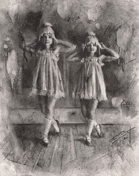 "Vintage Ballet Dancers" - 14"x11"- Charcoal on Paper - Framed