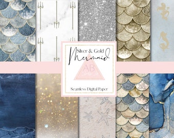 Silver & Gold Mermaid Digital Paper | Mermaid scales | Seamless textures | Printable Scrapbook Patterns | Instant Download