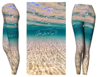 Womens ocean leggings / teal and white summer beach yoga pants