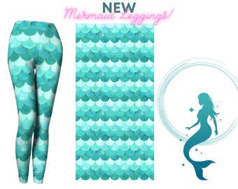 Womens mermaid leggings / teal watercolor scales