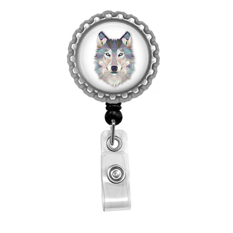 Geometric Wolf Photo Glass/ Bottle Cap Retractable ID Badge Reel image 3