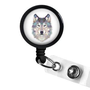 Geometric Wolf Photo Glass/ Bottle Cap Retractable ID Badge Reel image 1