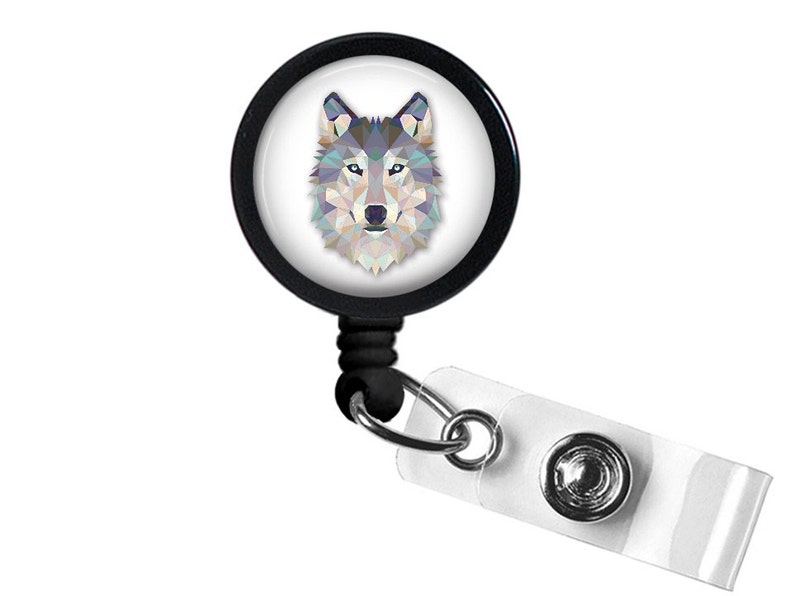 Geometric Wolf Photo Glass/ Bottle Cap Retractable ID Badge Reel image 1