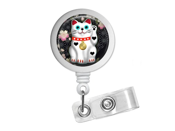 Lucky Cat Maneki Neko Photo Glass / Bottle Cap Retractable ID Badge Reel 