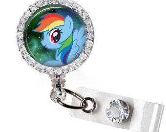 Rhinestone Rainbow Pony Bottle Cap Retractable ID Badge Reel, Nurse Badge Reel, 8 Colors to Choose From