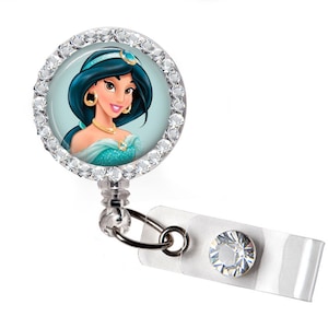 Rhinestone Princess Jasmine Bottle Cap Retractable ID Badge Reel, Nurse Badge Reel, 8 Colors To Choose From