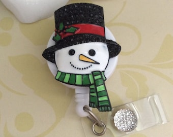 Rhinestone Snowman Retractable ID Badge Reel, Nurse Badge Reel