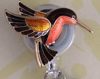 Enamel Metal Hummingbird Retractable ID Badge Reel, Carabiner Badge Reel, Nurse Badge Reel