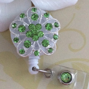 Green Rhinestones Crystals Flower Bling Retractable ID Badge Reel