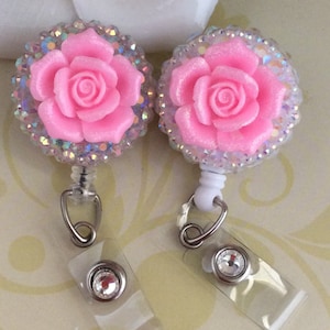 Rhinestone Rose Flower Retractable ID Badge Reel, Nurse Badge Reel, Choose From 4 Different Colors Of Roses